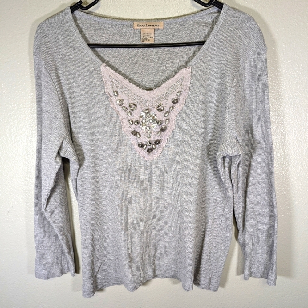 Susan Lawrence women's gray top with embellishments size L